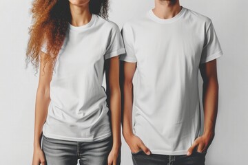 appealing mockup featuring a man and a woman wearing Unisex Heavy Cotton t-shirt in a solid white color. Emphasize the fit and comfort of the t-shirts while maintaining a modern and stylish aesthetic