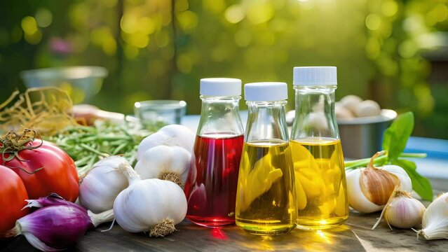 A closeup of a homemade pesticide recipe made from natural ingredients like garlic and chili peppers, highlighting the use of alternative ods to traditional chemical pesticides.