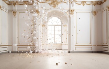 Modern classical style white hall and luxury arch door background with falling confetti backdrop.