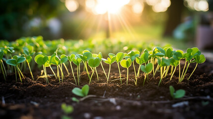 A row of pea shoots in a garden bed, the dawn light showcasing the simple joy of legume gardening - obrazy, fototapety, plakaty