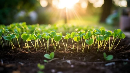 Papier Peint photo Lavable Photographie macro A row of pea shoots in a garden bed, the dawn light showcasing the simple joy of legume gardening