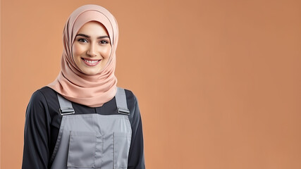 Arab woman in retail worker uniform smile isolated on pastel background