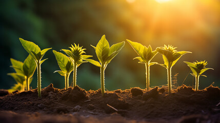 A row of young sunflower plants turning their heads to the morning sun - obrazy, fototapety, plakaty