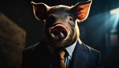 Full face pig portrait in a business suit in cinematic golden light rays, invest strategy concept illustration - obrazy, fototapety, plakaty