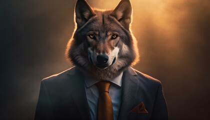 Full face brown wolf portrait in a business suit in cinematic golden light rays, invest strategy concept illustration - 707566561