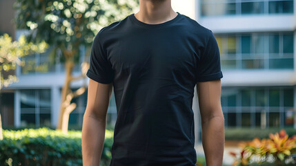 Young Model Shirt Mockup, man wearing black t-shirt in college campus in daylight, Shirt Mockup Template on hipster adult for design print, Male guy wearing casual t-shirt mockup placement - Powered by Adobe
