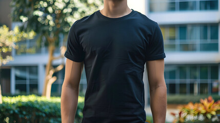 Young Model Shirt Mockup, man wearing black t-shirt in college campus in daylight, Shirt Mockup Template on hipster adult for design print, Male guy wearing casual t-shirt mockup placement