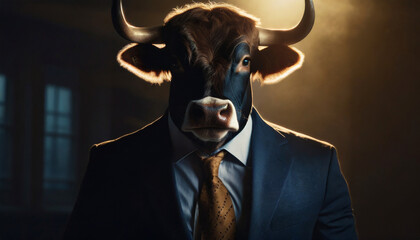 Full face bull portrait in a business suit in cinematic golden light rays, invest strategy concept illustration