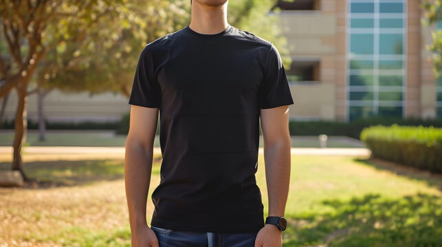 Young Model Shirt Mockup, man wearing black t-shirt in college campus in daylight, Shirt Mockup Template on hipster adult for design print, Male guy wearing casual t-shirt mockup placement