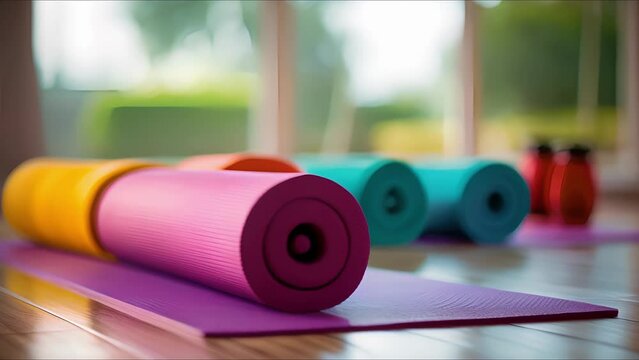 Closeup of a colorful yoga mat and dumbbells neatly arranged on a home workout setup