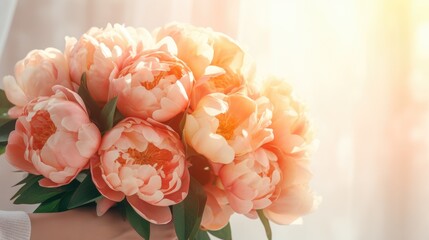 Women's hands holding a bouquet of peach peonies for congratulations on Mother's Day, Valentine's Day, women's Day. Blurred background.