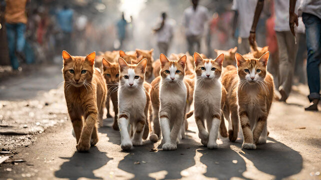Realistic photo of a herd of cats walking on a crowded Indian street,generative ai