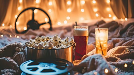 cozy movie night setup with a movie reel, a tub of popcorn, and a couple of fizzy drinks on a soft blanket  - obrazy, fototapety, plakaty