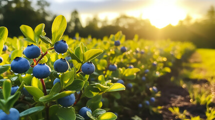 blueberry bushes in a row, the morning sun dew highlighting the promise of antioxidant rich harvests - obrazy, fototapety, plakaty