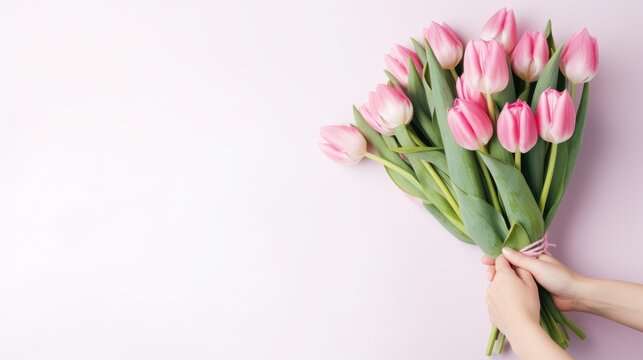 Women's hands holding a bouquet of pink tulips for congratulations on Mother's Day, Valentine's Day, women's Day. Blurred background.
