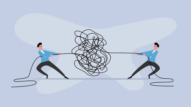 Business people pulling at tangled rope in opposite directions