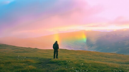 Fototapeta na wymiar leprechaun at sunrise green slope pastel rainbow