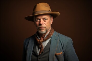 Portrait of a senior man in a hat on a dark background.