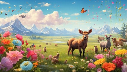 A vibrant meadow with blooming flowers, newborn animals, and a gentle spring shower Generative AI - obrazy, fototapety, plakaty