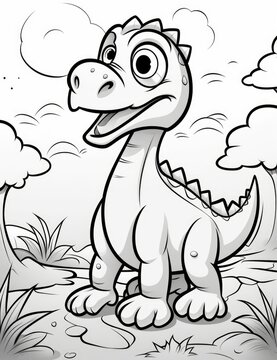 Coloring book for children with a dinosaur hand painted in cartoon style
