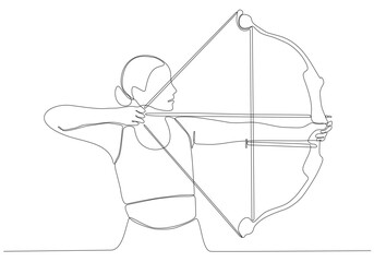 One Line Drawing or Continuous Line Art A female Archery Athlete. Premium Vector Illustration