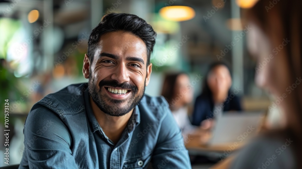 Aufkleber Сonceptual image of a man in a corporate office environment, smiling and discussing ideas with a team in a meeting room Generative AI
