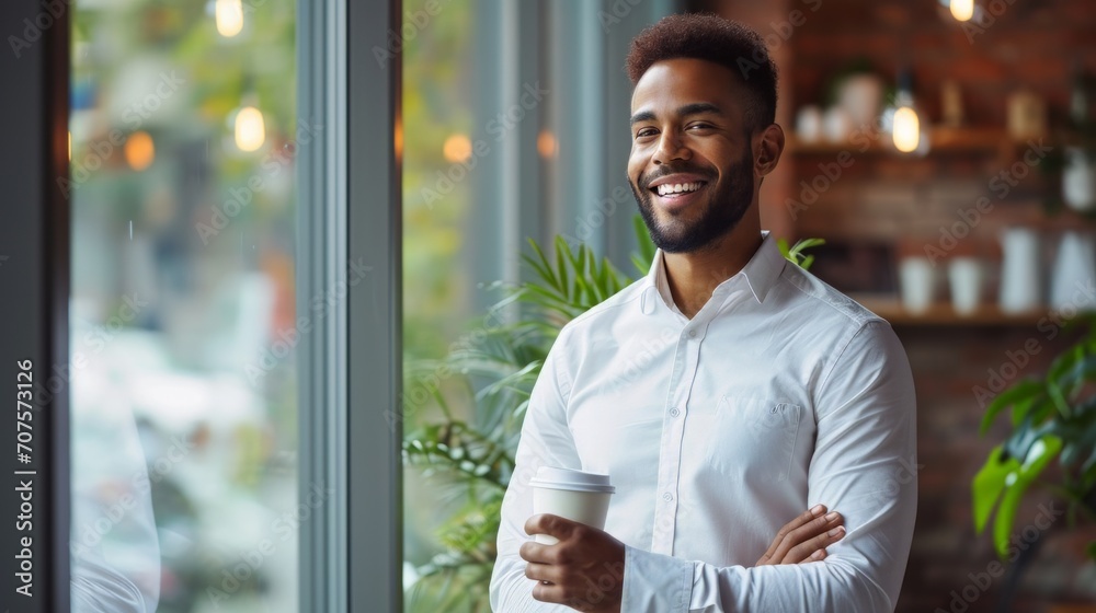 Poster conceptual image of a man in an office, standing by a window, smiling contently while holding a cup 