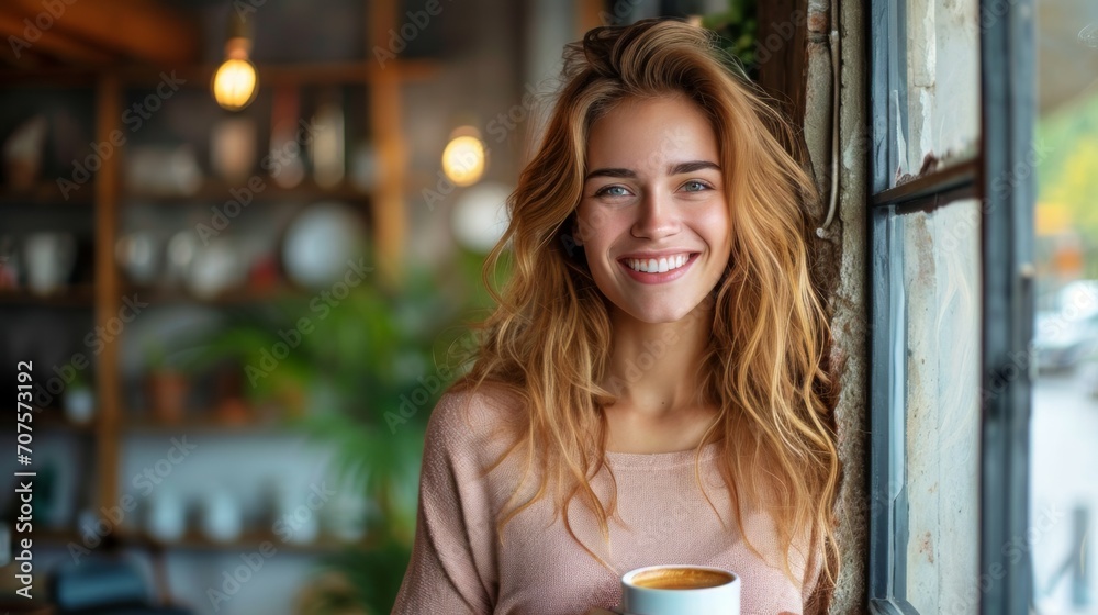 Poster conceptual image of a woman in an office, standing by a window, smiling pleasantly while holding a c