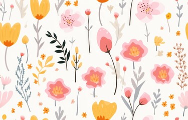 Cute seamless pattern with flowers, gentle spring summer mood hand drawn floral, Botanical backdropl