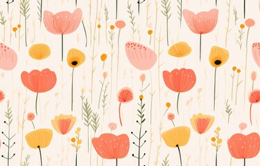 Cute seamless pattern with flowers, gentle spring summer mood hand drawn floral, Botanical backdropl