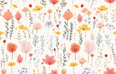 Cute seamless pattern with flowers, gentle spring summer mood hand drawn floral, Botanical backdropl