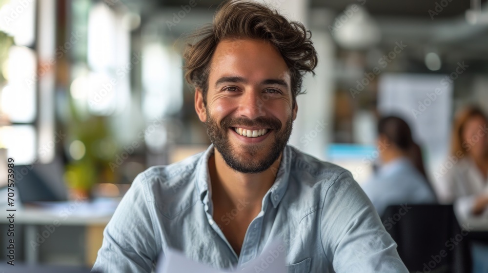 Poster Photo concept of a man in an office cubicle, smiling confidently while working on paperwork and interacting with colleagues Generative AI