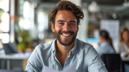 Obraz premium Photo concept of a man in an office cubicle, smiling confidently while working on paperwork and interacting with colleagues Generative AI