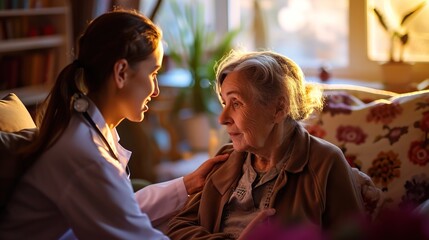 Professional care at home, A young nurse attends to a senior woman, ensuring health support and compassionate eldercare in a comfortable setting,  nursing and caregiver concept
