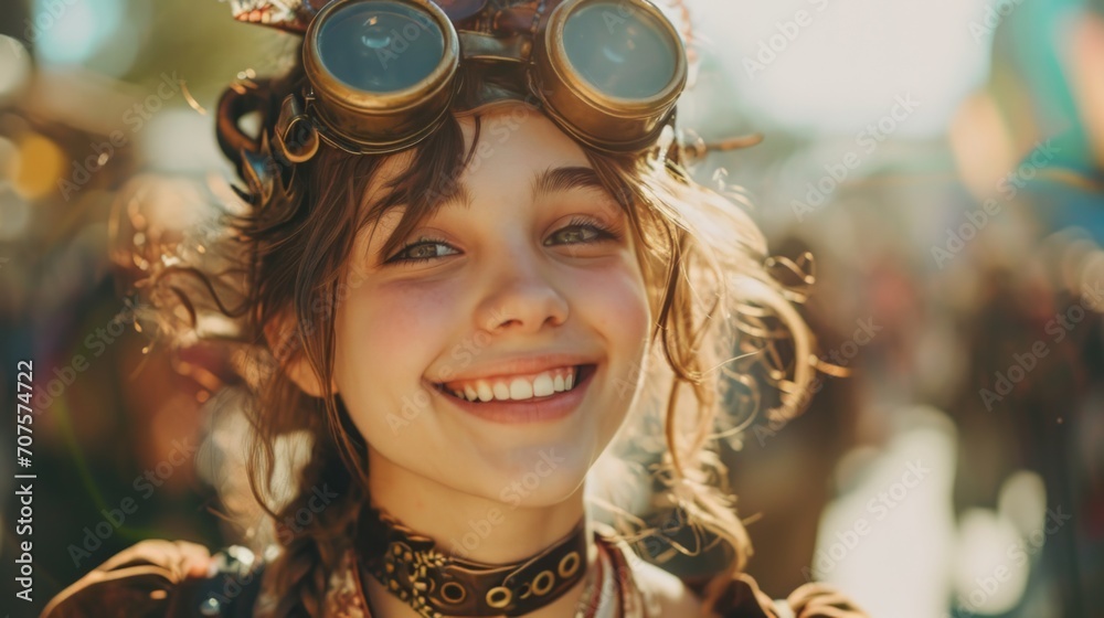 Poster realistic depiction of a teenage post-apocalypse person dressed in steampunk attire, smiling brightl