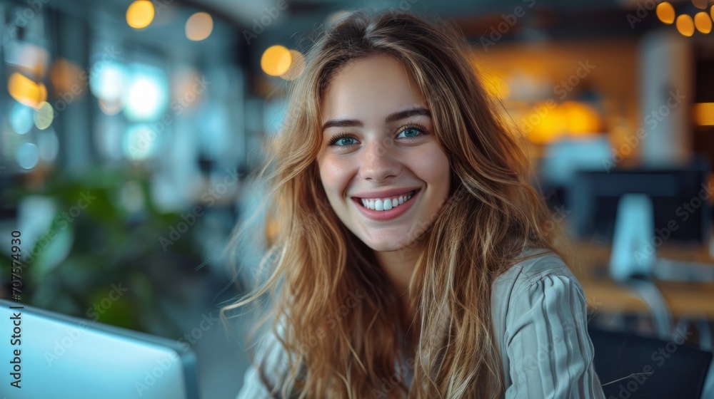 Poster Realistic photo concept of a woman in an office, sitting at a desk with a bright smile while working on a computer Generative AI