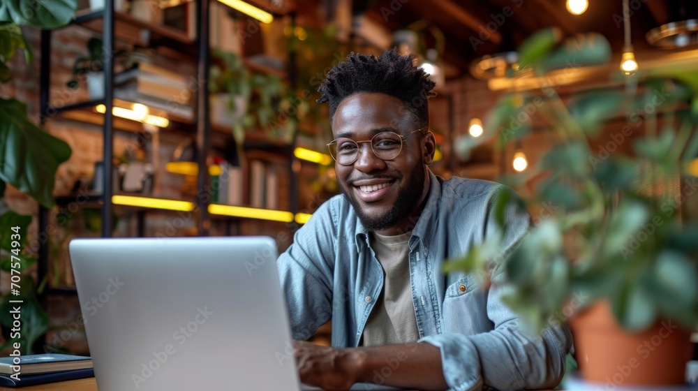 Poster Realistic photo concept of a man in an office, sitting at a desk and smiling pleasantly while working on a laptop Generative AI