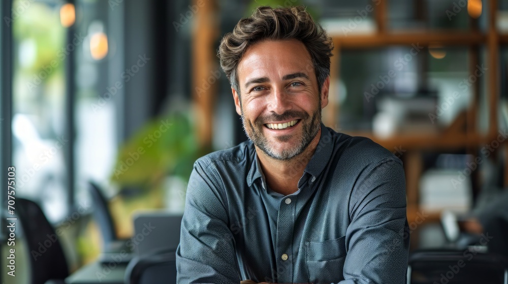 Aufkleber Realistic portrayal of a man in an office setting, smiling cheerfully during a team meeting or brainstorming session Generative AI