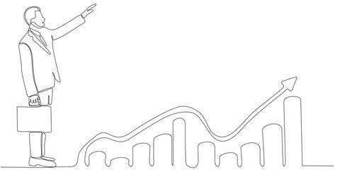 Continuous line drawing of business man looking for investment opportunity standing on growth chart