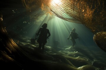 Fishermen's Catch: An underwater perspective of fishermen pulling in a net.