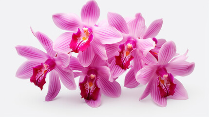 A photorealistic orchid plant in full bloom, 3D rendered vibrant colors set against white background
