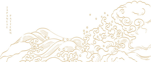 Japanese background with hand drawn wave elements vector. Gold line pattern with ocean sea object in vintage style - obrazy, fototapety, plakaty