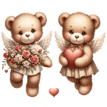 Couple of cute cupid teddy bears,Valentines Day,Cute Bear,Vintage and Retro style,PNG,Clipart,Watercolor illustration,Isolated on Transparent Background