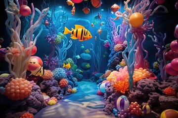 Fototapeta na wymiar Underwater Carnival: Colorful decorations and marine animals in a festive setting.