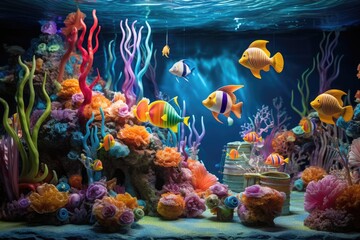 Fototapeta na wymiar Underwater Carnival: Colorful decorations and marine animals in a festive setting.