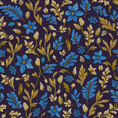 Ornate flowers and leaves blue and golden embroidery seamless pattern on dark fabric background