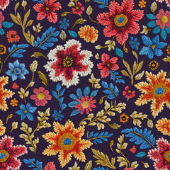 Ornate flowers and leaves colorful embroidery seamless pattern on dark fabric background