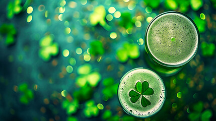 St. Patrick's Day image of green beer and shamrocks - obrazy, fototapety, plakaty