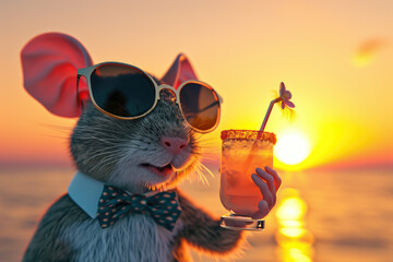 happy mouse with sunglass and bow tie hold coctail on sunset party beach - obrazy, fototapety, plakaty