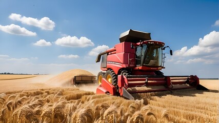 A combine harvester at work harvesting ripe grain against a clear sky